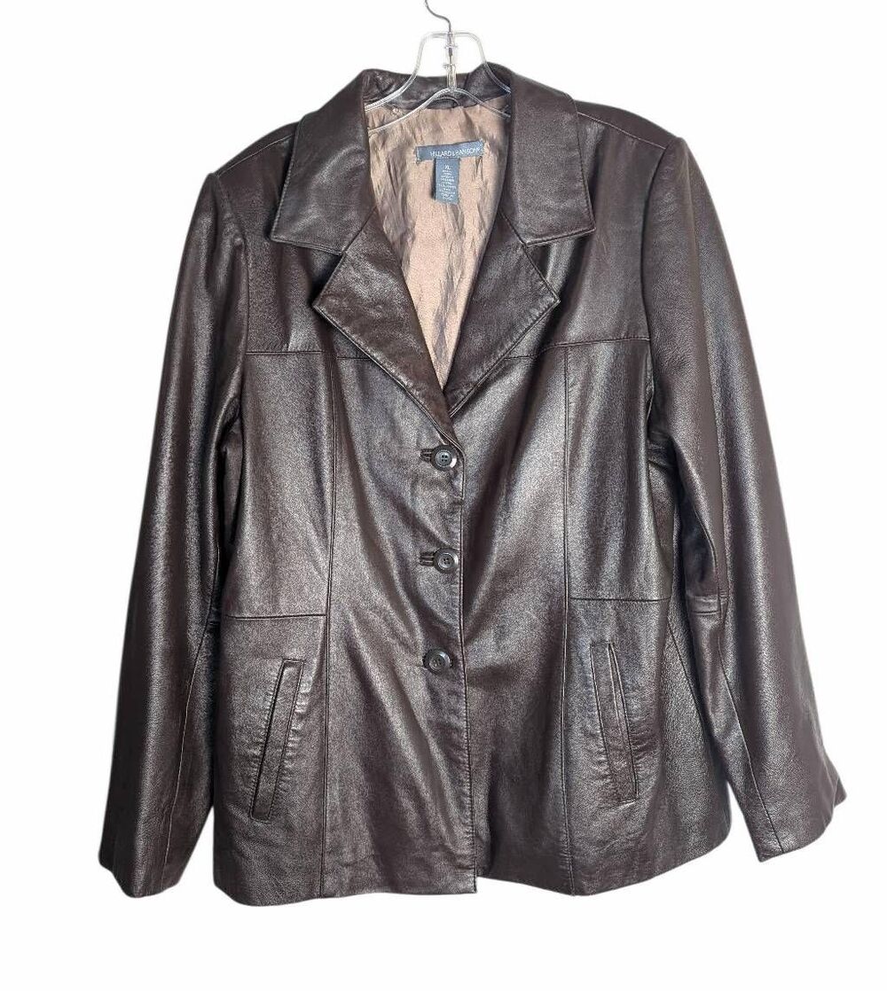 Vintage Hillard & Hanson Brown soft leather mid length collared jacket blazer XL